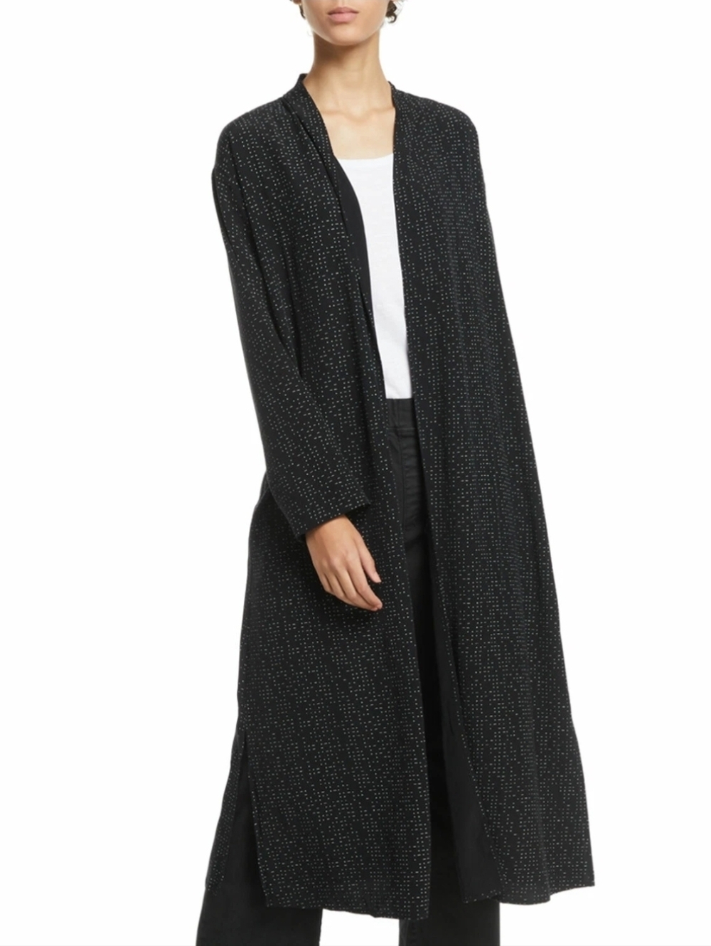 Eileen Fisher Morse Code Tencel Viscose Kimono Duster Jacket Sz L Black